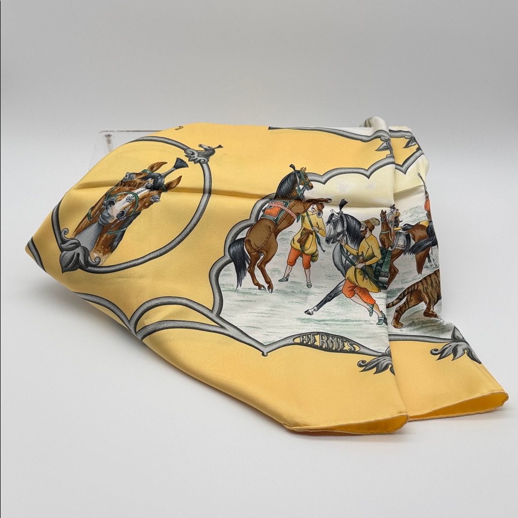 Herms Yellow Les Chevaux Des Moghols Silk Scarf